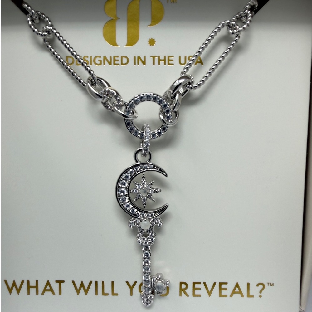 Bomb Party Halo Keys To Heaven Necklace NK39408 Rhodium Moonstone Celestial Key